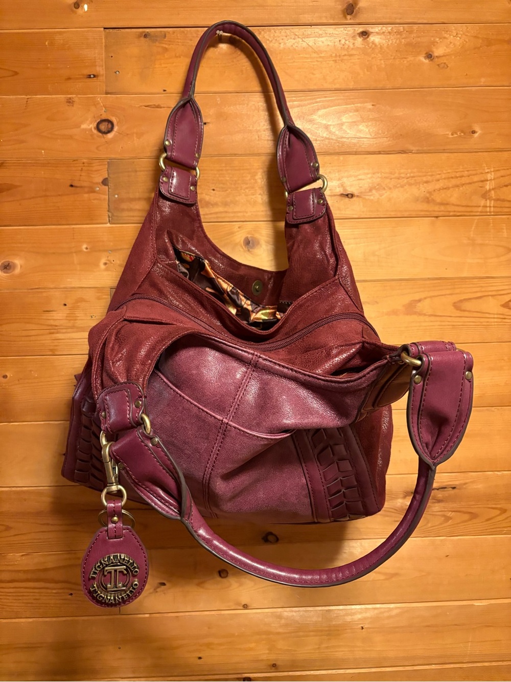 Tignanello Burgundy Leather Shoulder Bag with Woven Trim - Picture 2 of 11